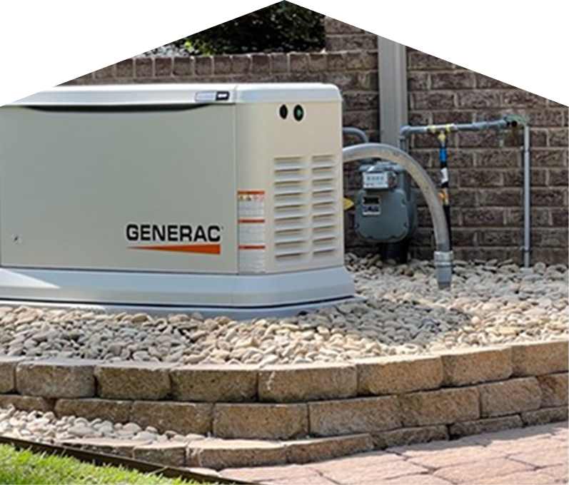 Generac standby generator installed by Haven Home on a raised stone platform beside a brick wall, connected to a natural gas meter for backup power supply. Generac standby generator installed by Haven Home on a raised stone platform beside a brick wall, connected to a natural gas meter for backup power supply.