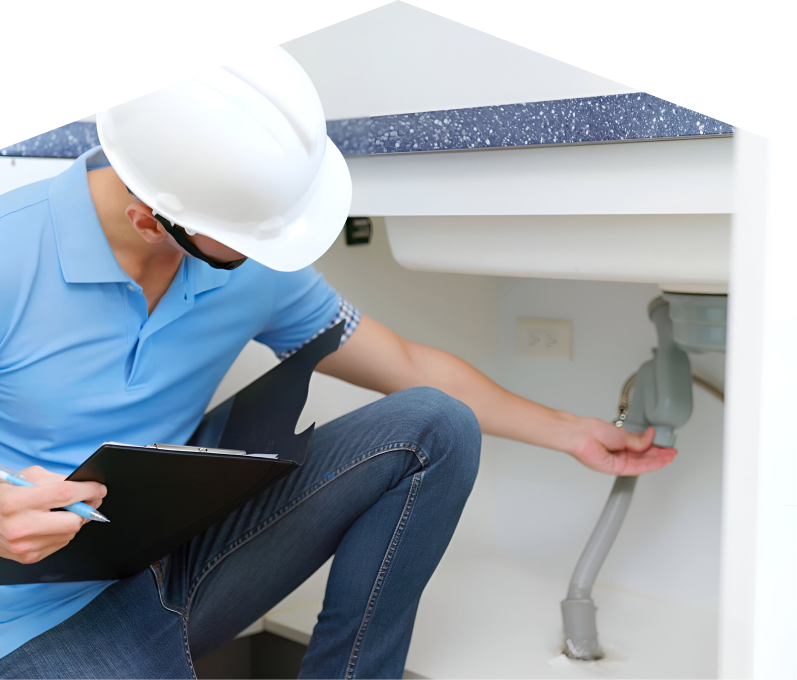 Haven Home plumbing specialist wearing a white hard hat, blue polo, and jeans, holding a clipboard while inspecting pipes under a sink for a water leak detection check. Haven Home plumbing specialist wearing a white hard hat, blue polo, and jeans, holding a clipboard while inspecting pipes under a sink for a water leak detection check.