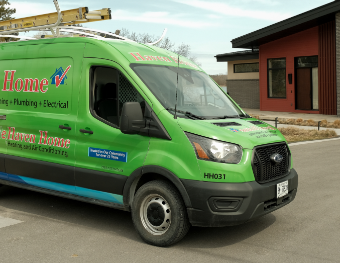 Haven Home service van with HVAC, plumbing, and electrical branding parked in a suburban neighborhood, promoting local trust. Haven Home service van with HVAC, plumbing, and electrical branding parked in a suburban neighborhood, promoting local trust.