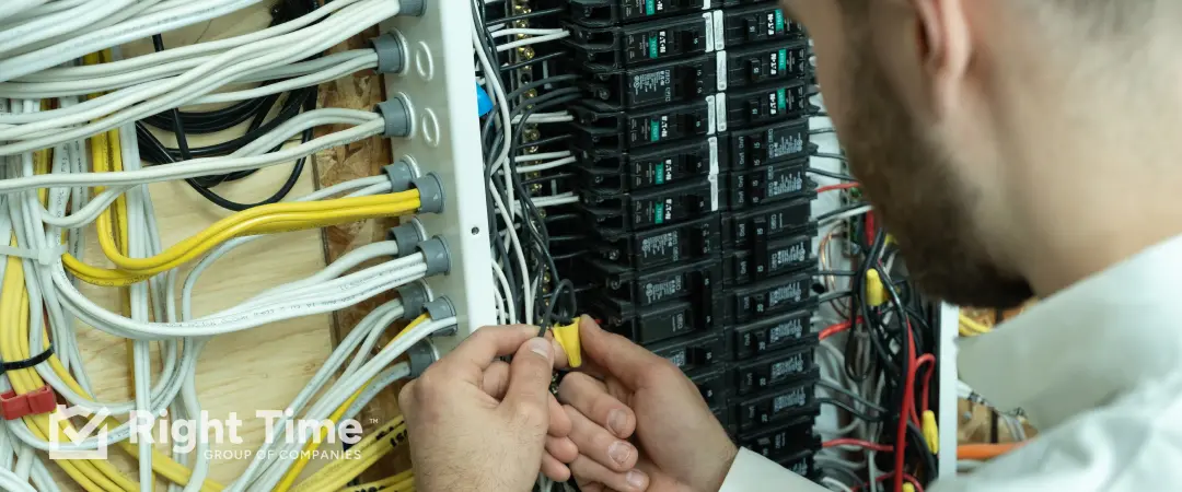 Licensed electrician working on wiring inside a home’s electrical panel for surge protection in Kingston.