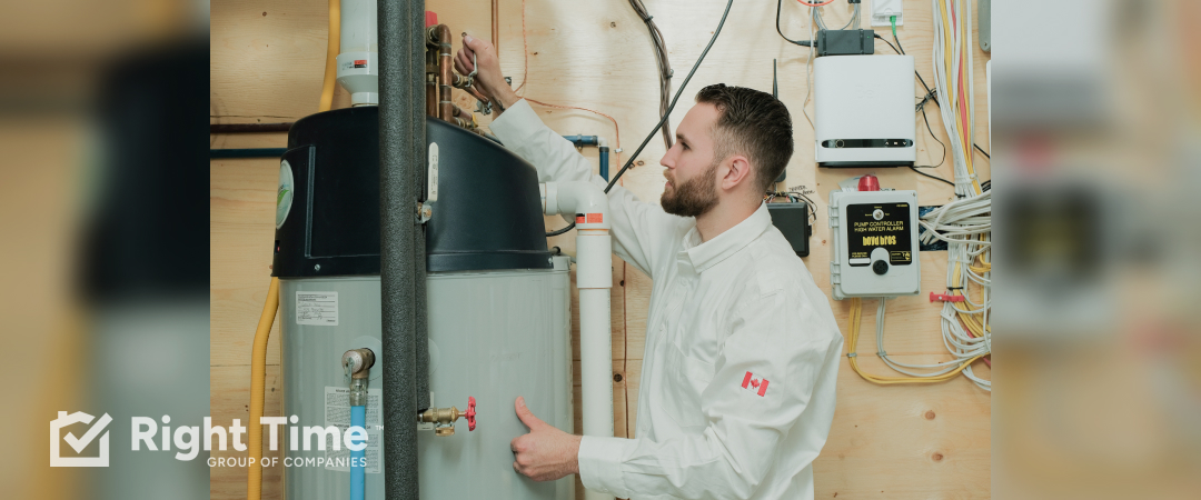 HVAC technician in Kingston inspecting a gas water heater that won't produce hot water, adjusting valves and controls surrounded by plumbing components