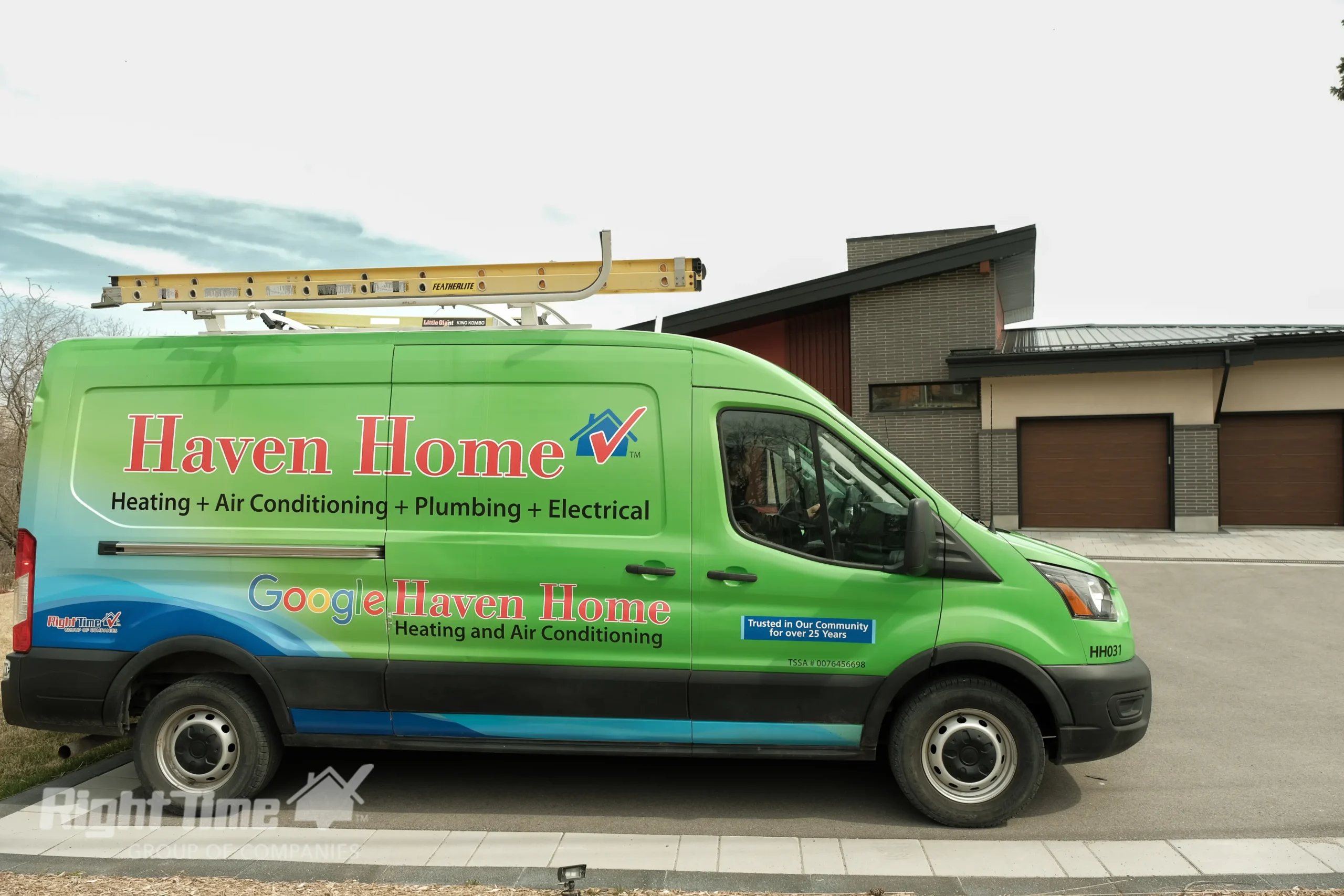 Haven Home Heating, Air Conditioning, Plumbing & Electrical service van parked outside a modern Kingston home
