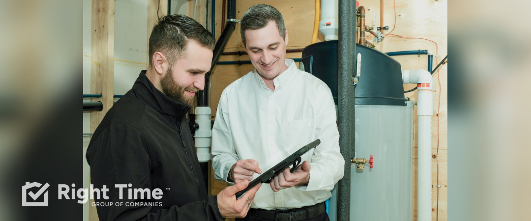 HVAC technician reviewing a spring AC start-up checklist with a homeowner on a tablet in a Kingston home utility room.